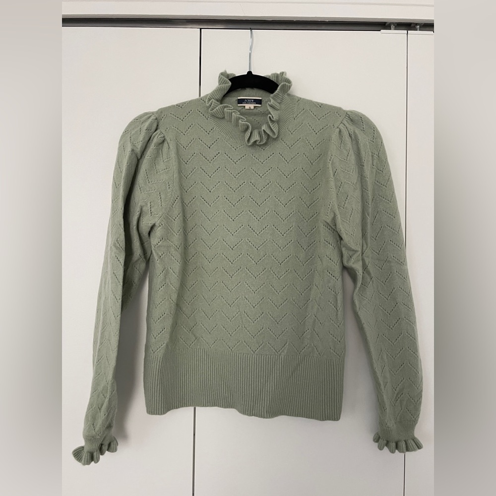 J. Crew Cashmere Pointelle Ruffle Neck Sweater in Soft Green